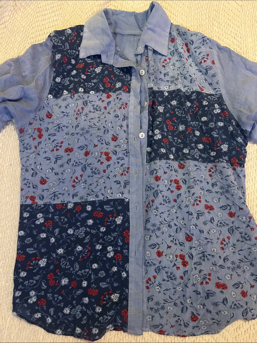 Vintage Patchwork Floral Button-Up Shirt - Blue